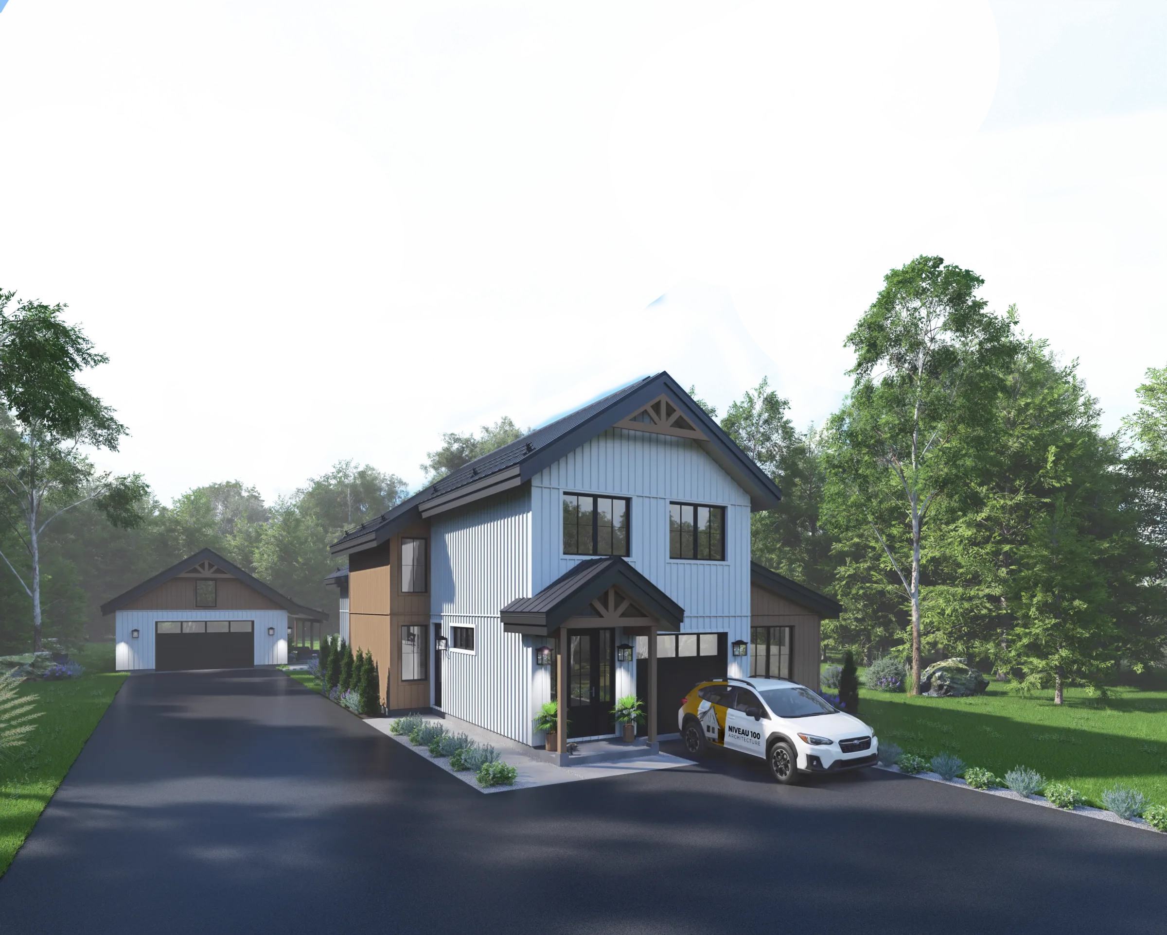 Visualisation architecturale d’une maison résidentielle contemporaine entourée d’arbres