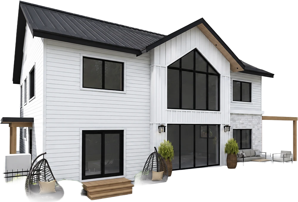 Modèle 3D d’une maison contemporaine blanche à deux étages avec toiture noire
