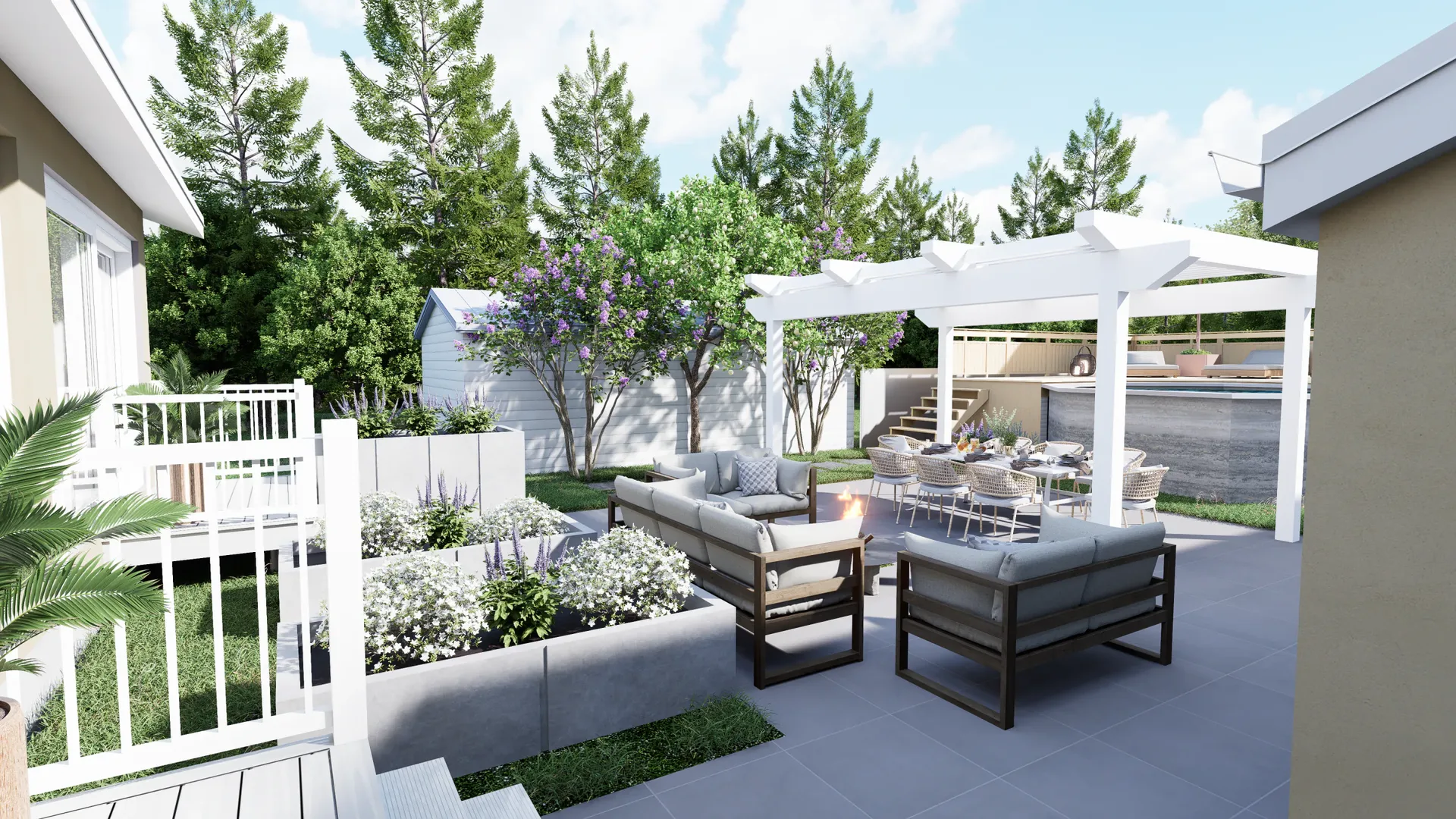 Terrasse aménagée à Longueuil avec salon extérieur, pergola blanche et garage rénové