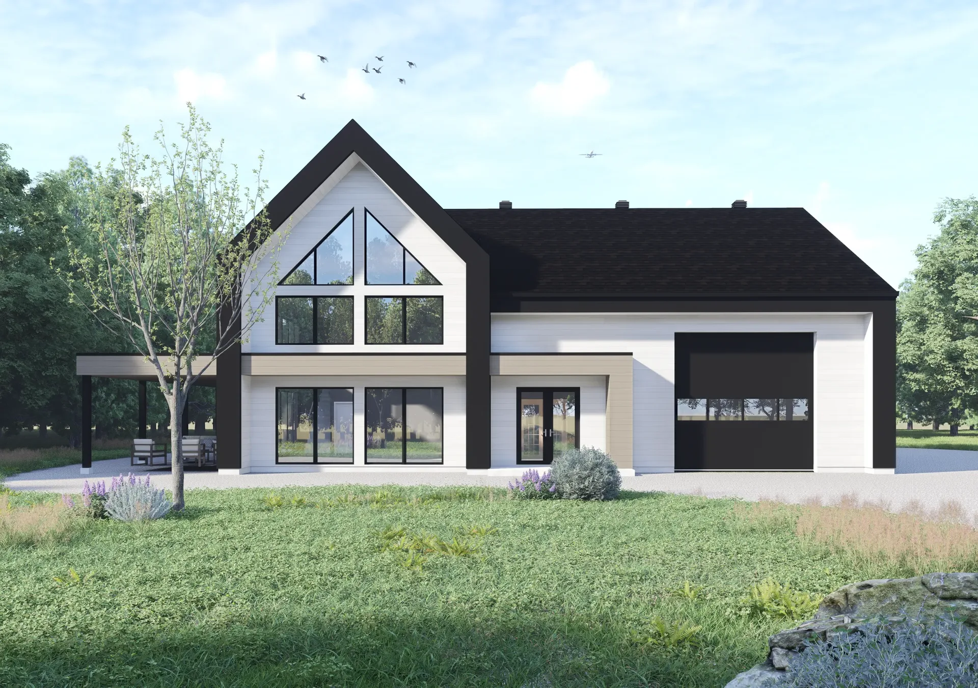 Bâtiment agricole contemporain à Oka avec grand pignon vitré, parement gris et garage attenant