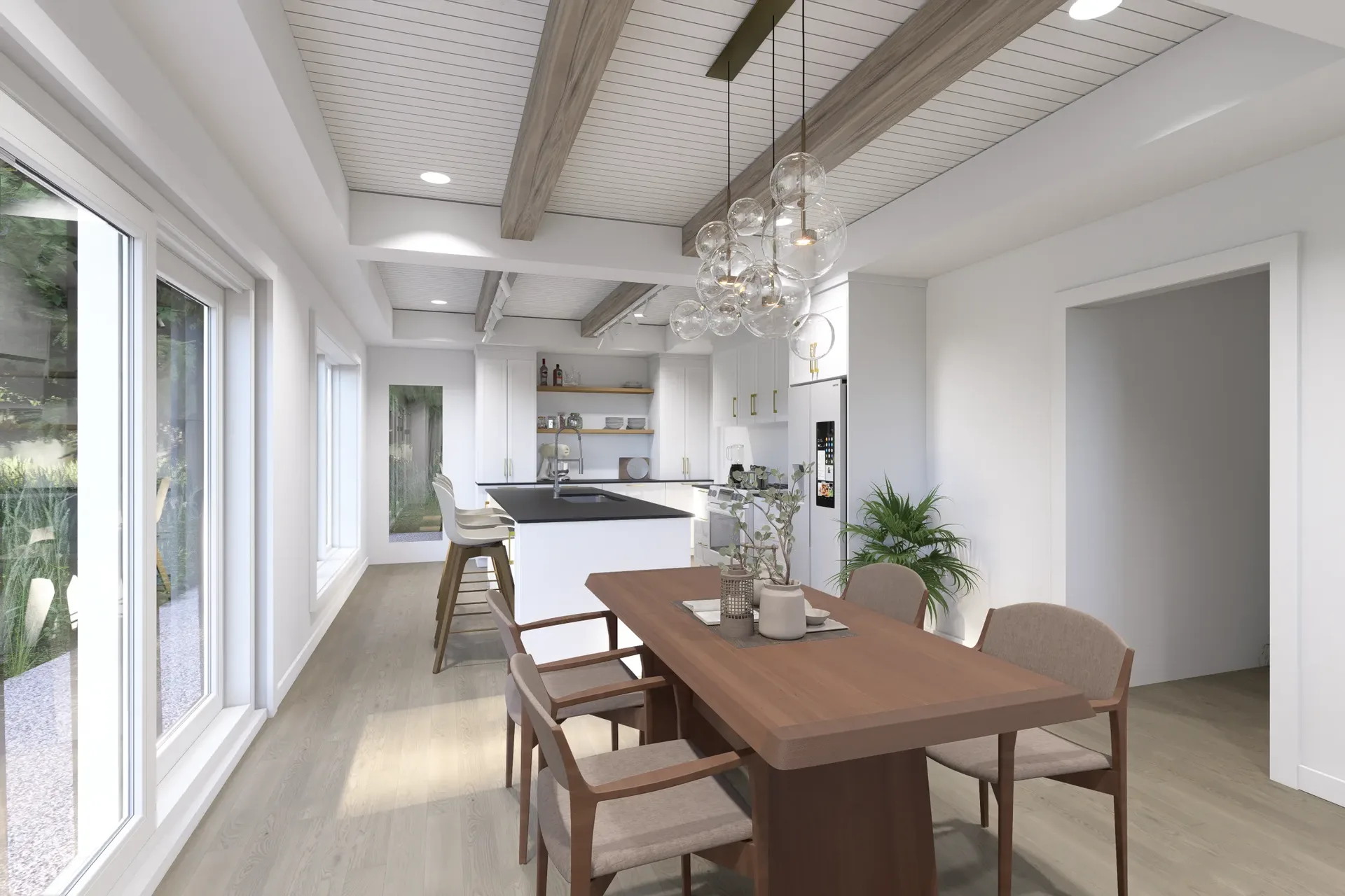 Salle à manger lumineuse avec table en bois, plafond cathédrale et poutres blanches apparentes