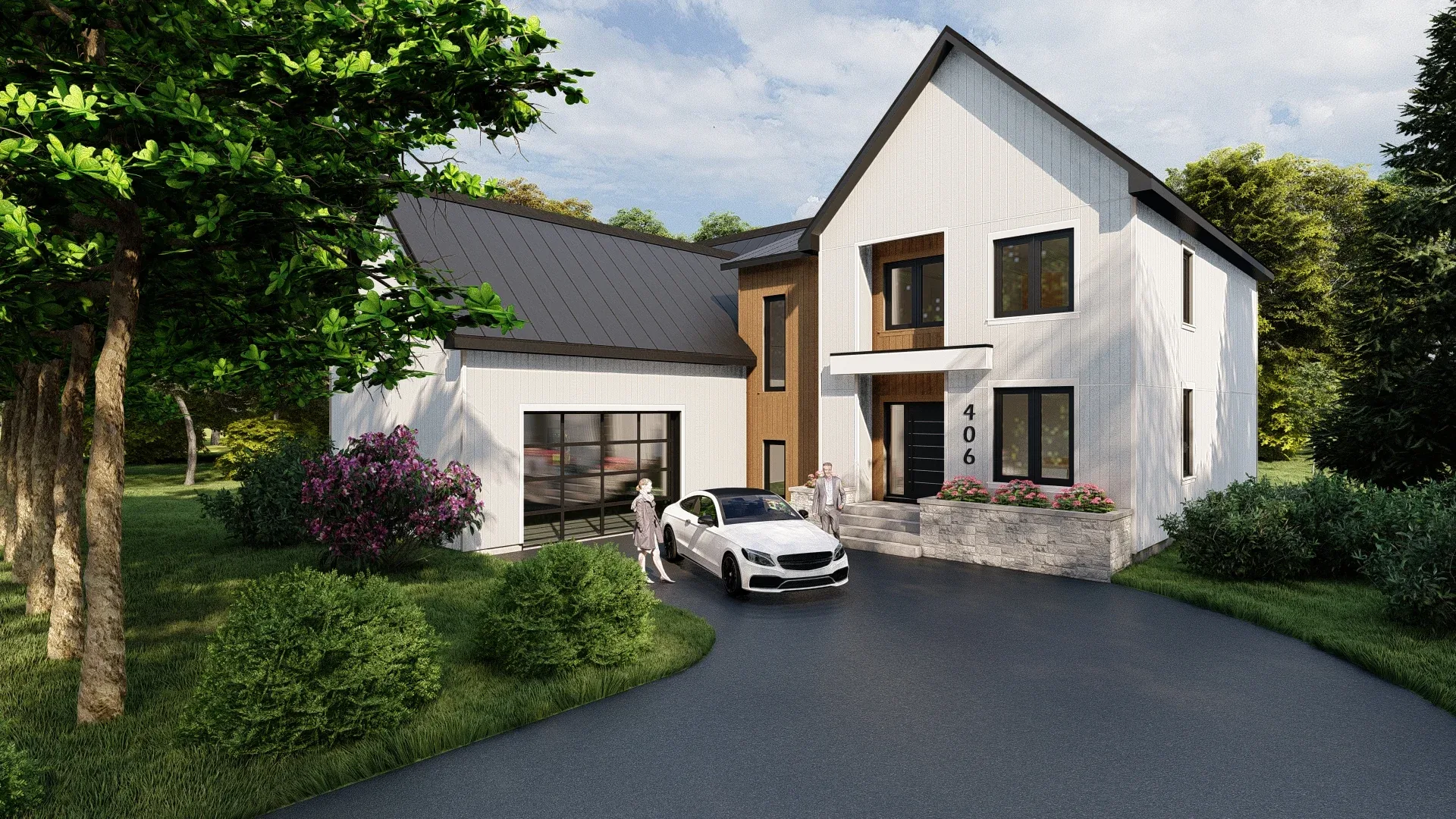 Maison neuve à Verchères avec façade blanche, toit noir à pignons et accents de bois naturel