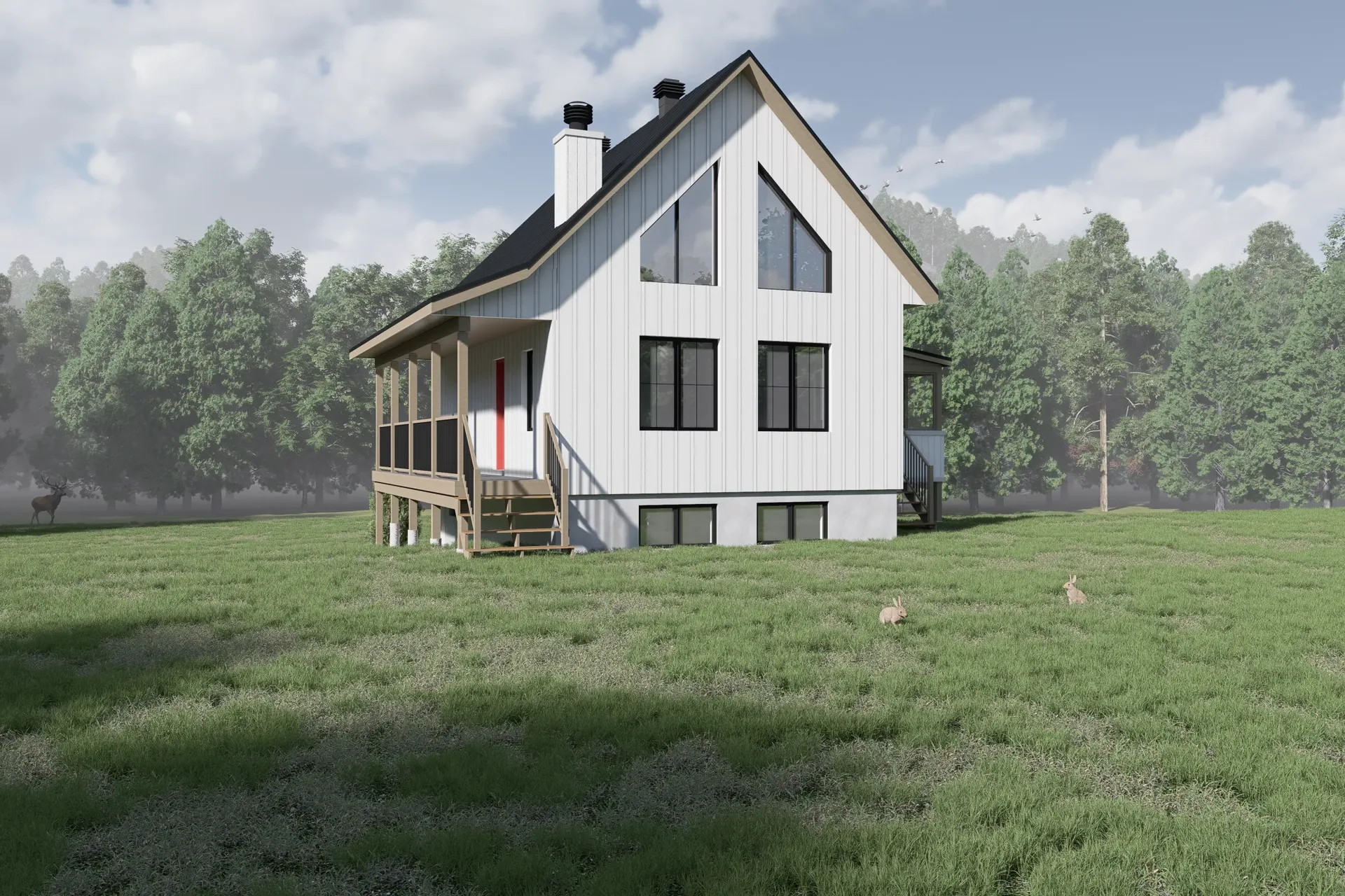 Agrandissement arrière d’une maison de campagne à Harrington avec pignon vitré et terrasse sur terrain boisé